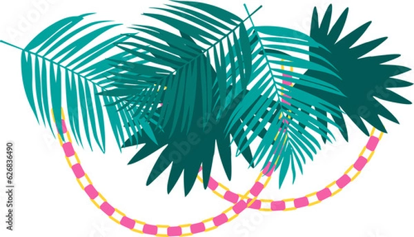 Fototapeta Traditional Sukkah for the Jewish Holiday Sukkot. Tropical palm tree leaves frame, colorful bunting, garlands decoration.