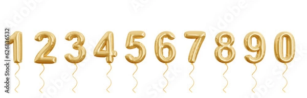 Fototapeta Set of gold 3d balloon numbers set, isolated on white background. Helium balloons. Party, sales, birthday, celebrate anniversary and wedding. Realistic design elements. Festive set isolated.