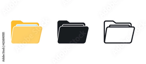 Fototapeta Minimalistic computer file folder with paper document inside vector icon set. Flat style, fill and linear folder icon.