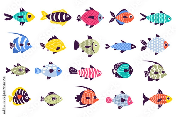 Fototapeta Tropical fish. Exotic ornamental sea animals, cartoon aquatic animals in aquarium, colorful collection of fish. Vector isolated set