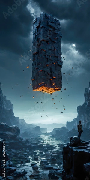 Fototapeta surreal landscape with flying rock, generative ai