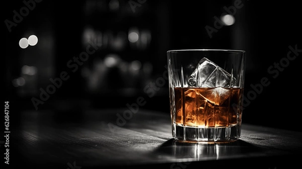 Fototapeta Cinematically lit old - fashioned cocktail, garnished with orange peel on a dark wooden bar, with a bokeh background of dimly lit bottles