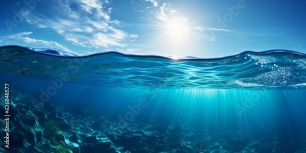 Fototapeta Serene underwater world with sun-kissed ocean surface, Generative AI