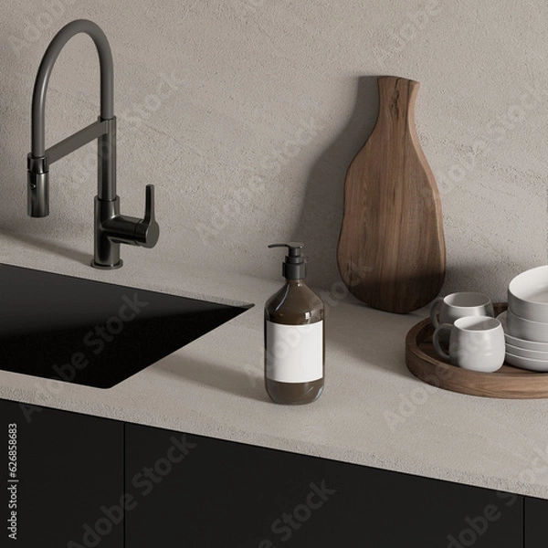 Fototapeta Soap bottle mock up on kitchen background with sink and decor , 3d rendering