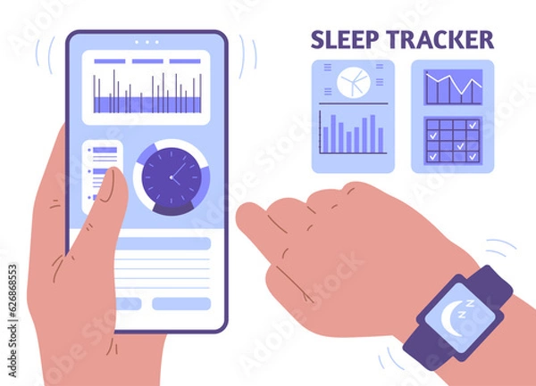 Obraz Hands with smartwatch holding mobile phone flat style, vector illustration