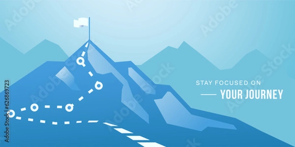 Fototapeta journey concept vector illustration of a mountain with path and a flag at the top, route to mountain peak, business journey and planning concept.