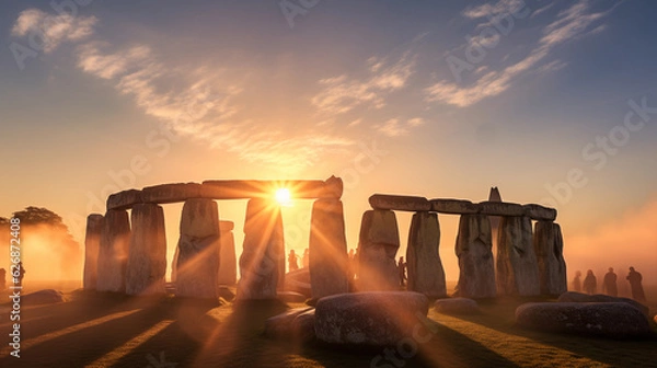 Fototapeta Stonehenge at summer solstice, sun rising behind the stones, soft mist, atmospheric
