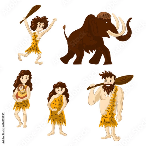 Fototapeta Cave people hunting mammoth. Set of isolated cartoon characters. Primitive people in Stone Age. Caveman life. Vector illustration.