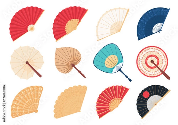 Fototapeta A set of beautiful hand fans. An item of women accessory for waving in the wind. Vector illustration