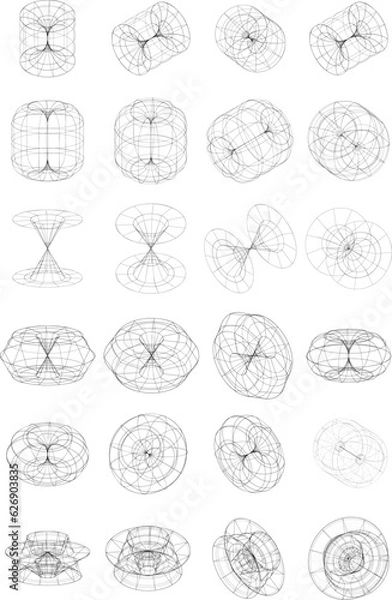 Obraz Set of 3D wireframe objects, collection of 3D wireframe illustrations
