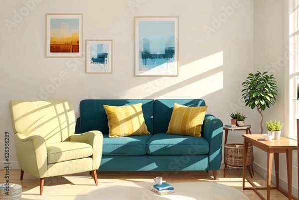 Fototapeta illustration digital painting of living working room at the apartment, generative AI