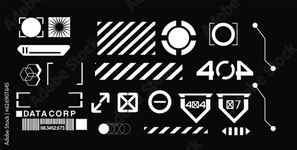 Obraz Cyberpunk decals set. Set of vector stickers and labels in futuristic style. Inscriptions and symbols, Japanese hieroglyphs for danger, attention, AI controlled, high voltage, warning.