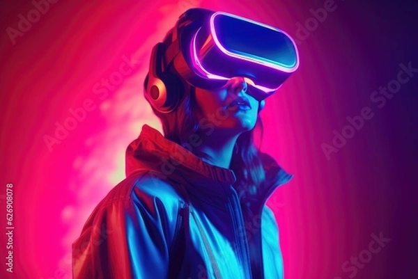 Obraz Girl in virtual reality glasses. neon light. metaverse. virtual world.