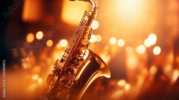 Fototapeta close - up of saxophone keys being played, dynamic movement, golden brass reflecting stage lights, jazz club atmosphere, warm tones, impressionist style