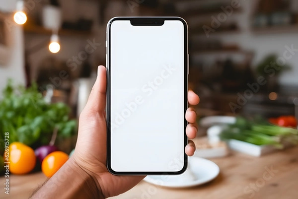 Fototapeta Healthy Eating - Person Holding Blank Smartphone in Kitchen - Generative AI