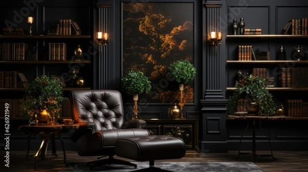 Obraz Modern interior design for home, office, interior details, upholstered furniture against the background of a dark classic wall. AI Generative