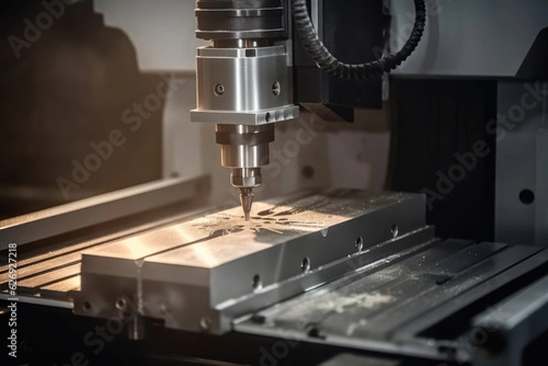 Fototapeta Metalworking CNC milling machine. Cutting metal modern processing technology. banner with copy space, generative AI	
