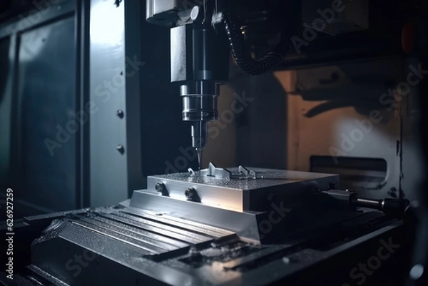Fototapeta Metalworking CNC milling machine. Cutting metal modern processing technology. banner with copy space, generative AI	
