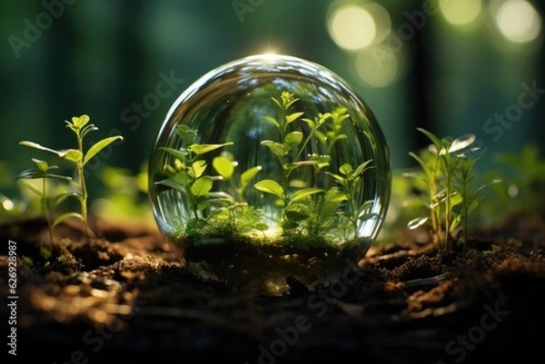 Fototapeta Glass globe encircled by verdant forest flora, symbolizing nature, environment, sustainability, ESG, and climate change awareness, generative ai