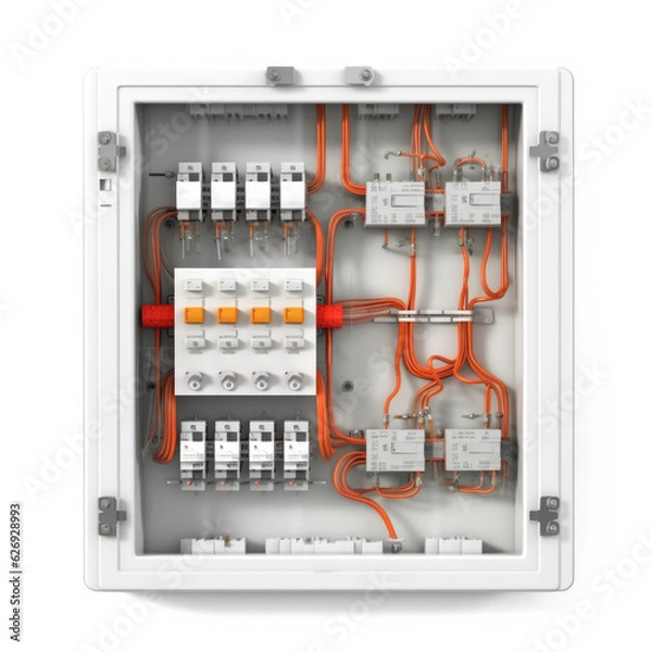 Fototapeta Isolated modern residential fuse box set against a white background, showcasing contemporary electrical safety, generative ai