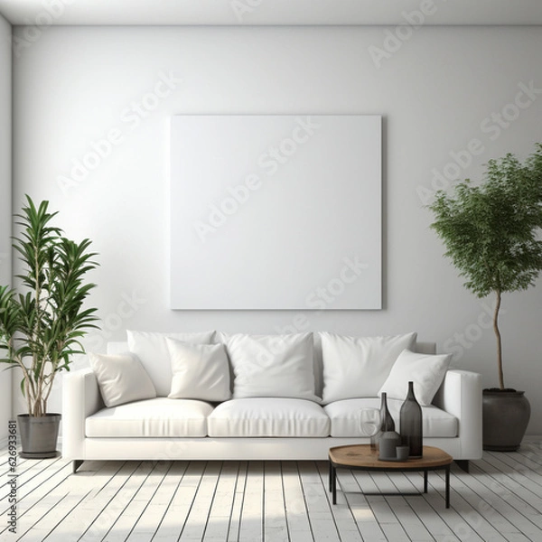 Fototapeta Minimal Living room with Comfy sofa and cushion design, white blank wall, afternoon, bright, digital, AI Generated