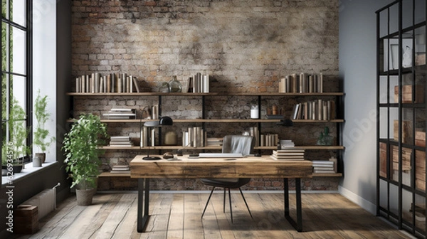 Fototapeta Industrial-style home office with a reclaimed wood desk Design, a metal bookshelf, AI Generated