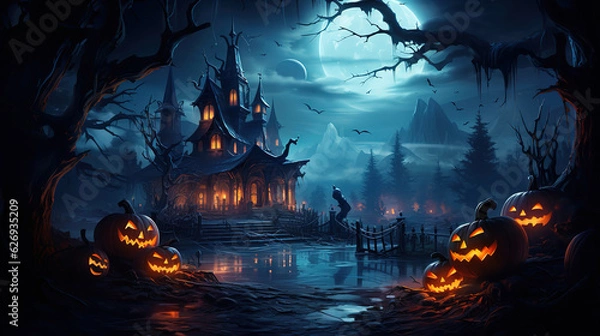 Fototapeta Creepy haunted house at spooky halloween night, Bright color. Generative Ai