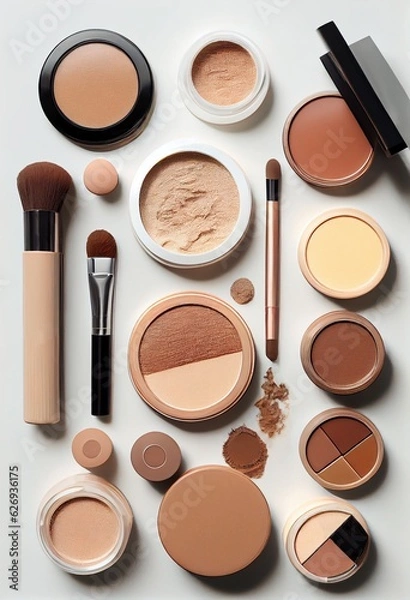 Obraz Set of professional decorative cosmetics on white background. Fashion woman make up product, brushes, powder, brown beige color palette collection.Top view. Copy space