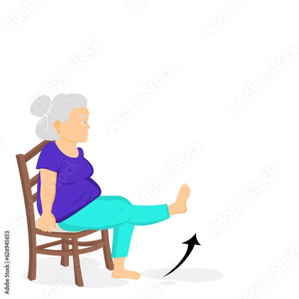 Fototapeta Side view of fat elderly woman wearing sportswear is sitting on brown chair to exercise.Grandma sitting with right leg raised up workout.Vector illustration isolate flat design of healthy old age-man.