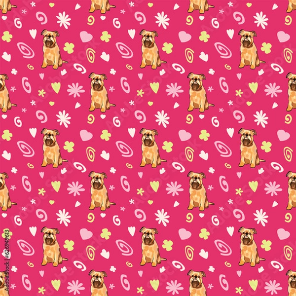 Fototapeta Summer pattern with spirals, leaf, flowers and brussels griffon. Bright colors. Elegant, soft seamless background, abstract summer pattern with hand-drawn colorful shapes. Delicate, gender-neutral.