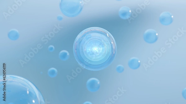 Fototapeta 3D cosmetic rendering Blue Bubbles liquid serum on a blurry background. Design of collagen bubbles. Essentials of Moisturizing and Serum Concept. Concept of vitamins for beauty and health.