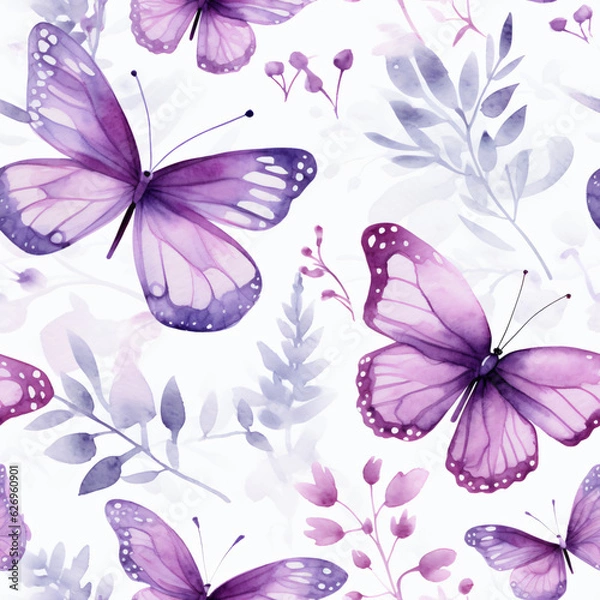 Fototapeta Nature's Artistry: Beautiful Watercolor Illustration of Asian-Inspired Spring and Summer - Butterflies, Flowers, and Elegant Patterns in a Seamless and Colorful Vector Design, Perfect for Decorative B
