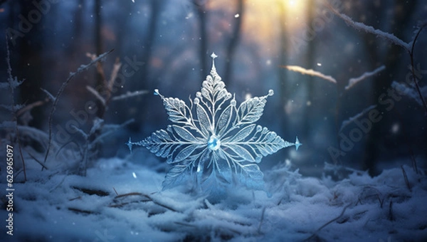 Obraz An excellent snowflake against the background of the forest. A great image with a winter theme. Winter forest on a background that gives charm. AI Generated.