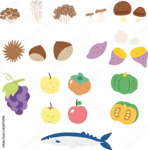 Fototapeta 食欲の秋をイメージした秋の食材のシンプルイラストセット