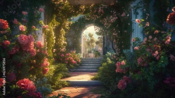 Fototapeta entrance to a garden with roses. Created with Generative AI.