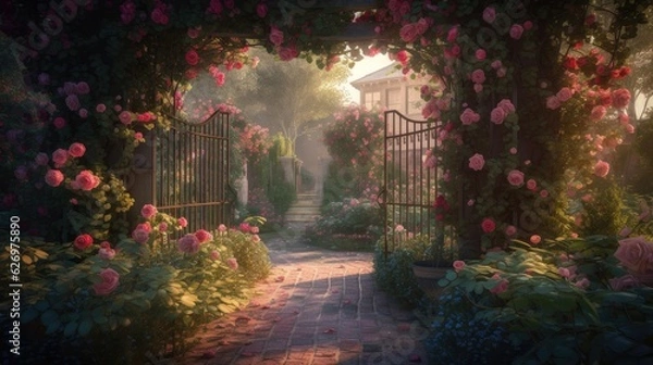 Fototapeta entrance to a garden with roses. Created with Generative AI.