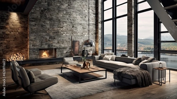 Fototapeta Interior of a living room, Penthouse Loft with dark stone walls with hardwood floors, Generative AI