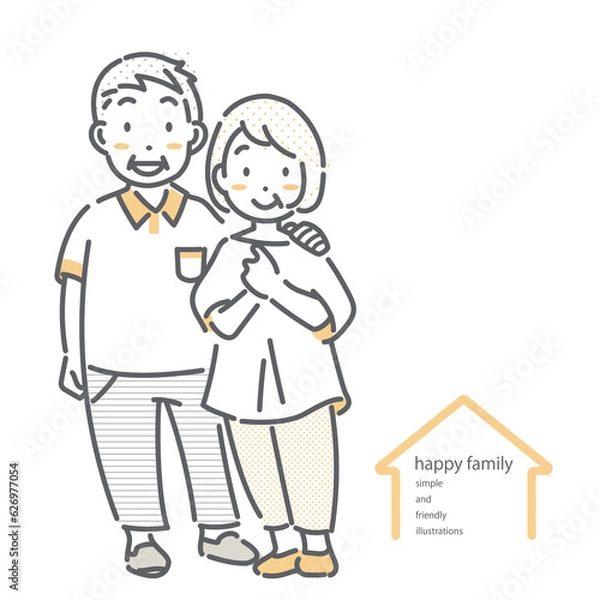 Fototapeta 笑顔のシニア夫婦　シンプルでお洒落な線画イラスト