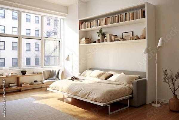 Fototapeta Craft a minimalist studio apartment with smart space-saving solutions, such as a Murphy bed and convertible furniture, demonstrating how simplicity and functionality can coexist in Generative AI