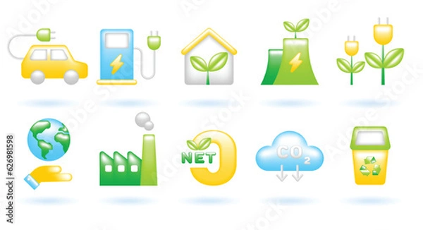 Fototapeta 3D Icon Set of Ecology Sustainability Environment Concept. EV, Charge Station, Eco House, Power Plant, Plug, Net Zero, CO2. Cute Realistic Cartoon Minimal. 3D Render Vector Icons Isolated Illustration