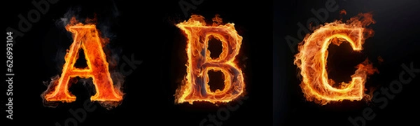 Obraz Capital letters of the English alphabet A, B, C consisting of a flame. Burning letters. Letter of fire flames alphabet on black background.