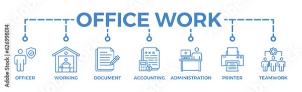 Fototapeta Office work banner web icon vector illustration concept with icon of officer, working, document, accounting, administration, printer, teamwork