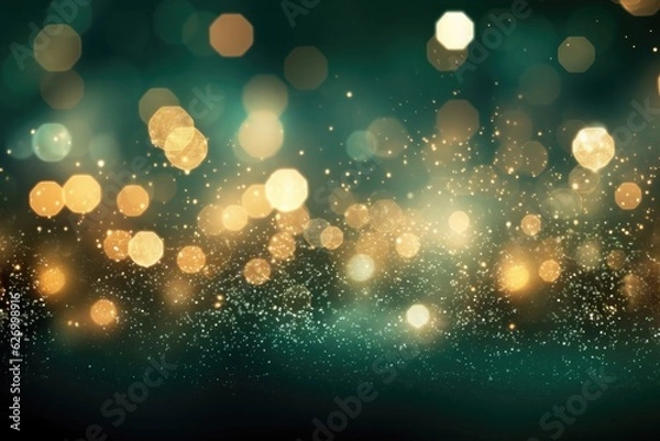 Fototapeta Happy Christmas light decorations in new year night winter background. Ornaments elements gold confetti bokeh color Xmas ornaments Glass ball tree decorations. Christmas glowing Golden Background.