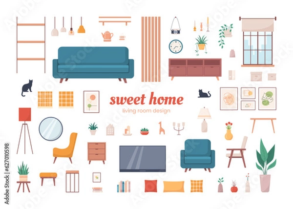 Fototapeta Cozy home interior design objects set. Living room interior. Vector illustration in flat style