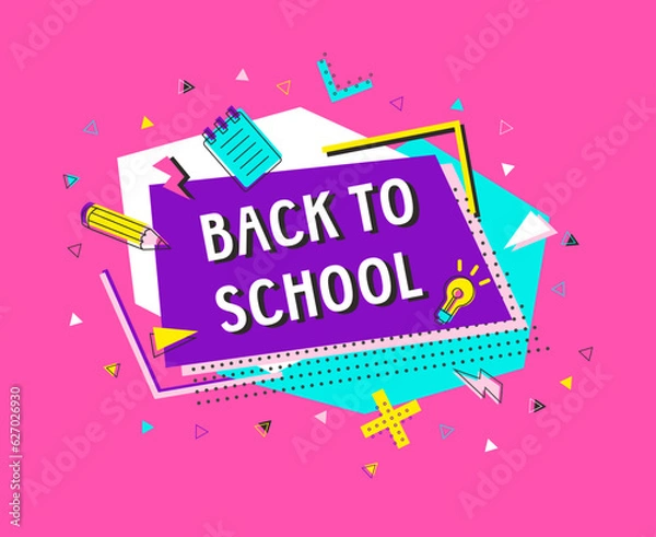 Fototapeta Back To School retro style illustration on color abstract background with education icons. Hand drawn vector text with decor for poster or template. Positive motivational quote for billboard or sale