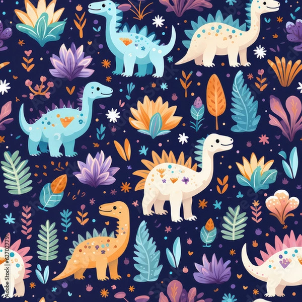 Fototapeta Cartoon dinosaurs childish seamless repeat pattern