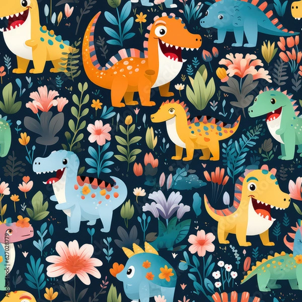 Fototapeta Cartoon dinosaurs childish seamless repeat pattern
