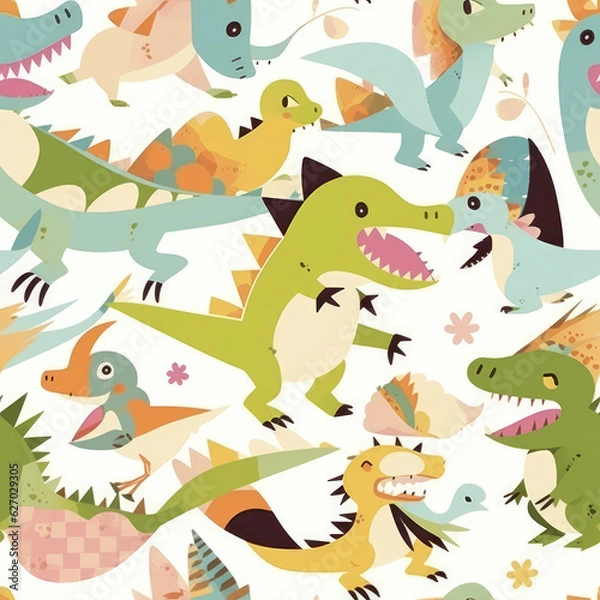 Fototapeta Cartoon dinosaurs childish seamless repeat pattern

