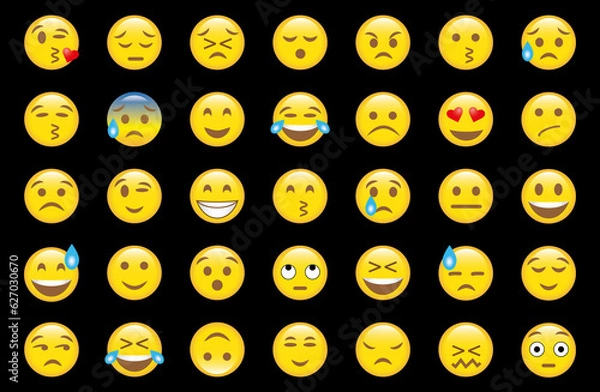 Obraz Emoji set. Face expressions vector drawing. On the black background.