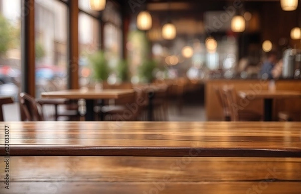 Fototapeta Empty Wooden Tabletop With Blurred Cafe Background